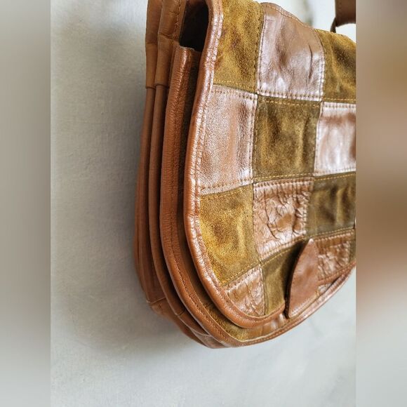 Vintage Leather Suede Patchwork Quilt Style Shoulder Bag 10 x 9 - Picture 3 of 11
